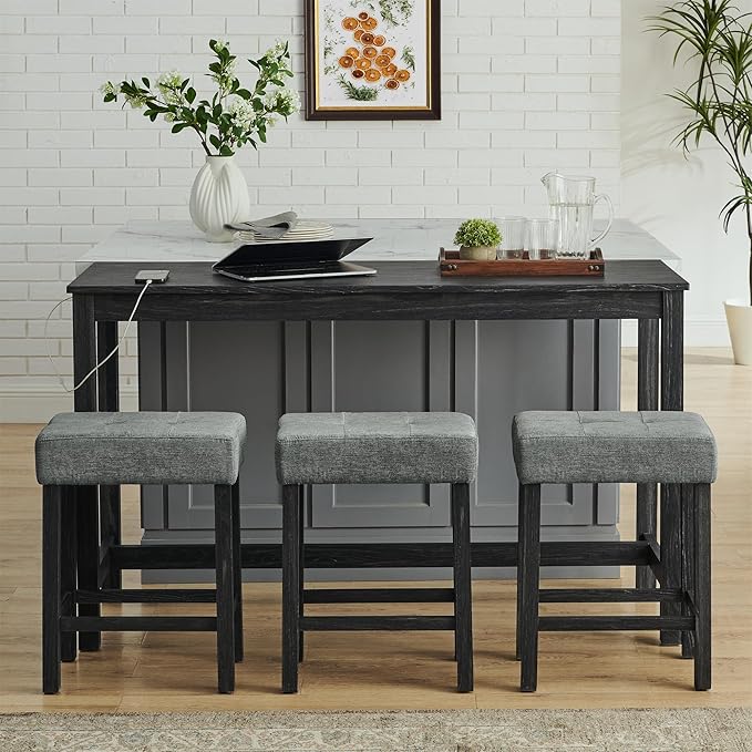 KEIKI 4-Piece Bar Table Set with 3 Upholstered Stools, Industrial Dining Bar Table and Chairs Set with Power Outlet, Rectangular Kitchen Table, Black