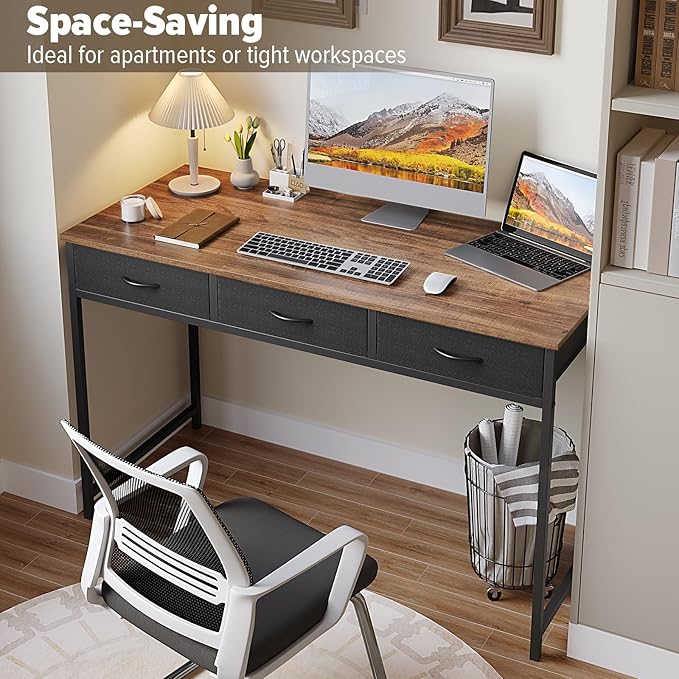 WOHOMO Computer Desk with 3 Drawers, 47.2 Inch Bedroom Desk with Storage, Home Office Desk for Room Spaces, Modern Work Writing Study Tables, Rustic