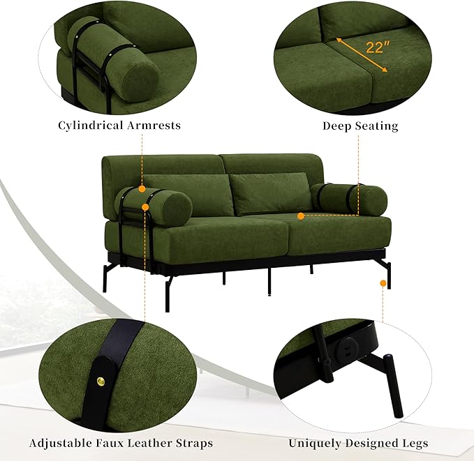 Modern Loveseat Sofa 59" Sofa Couch 2-Seater Sofa with Flexible USB Ports, Unique Cylindrical Armrests for Living Room, Green