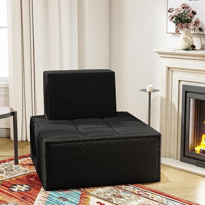 Modular Sherpa Sofa Chair, Cozy Floor Lounge Seating, No Armrests, Small Sofa for Small Spaces, Reading Nook, or Apartment Living, Single, Black