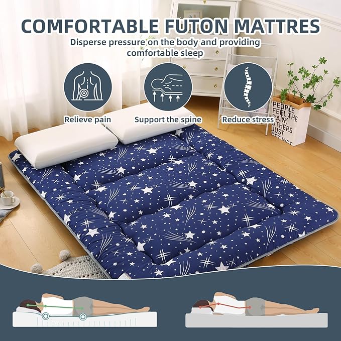 Bohemian Retro Japanese Floor Mattress, Vintage Floral Tatami Floor Mat, Portable Roll up Futon Mattress for Guest,Tavel (Starry,Twin 80" x 36")