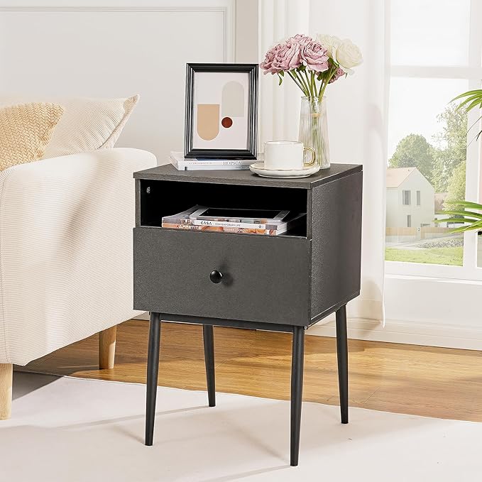 VECELO Modern Wood Night Stand,Square End Table Side Table with Drawer and Storage Space Gray Bedside Table for Bedroom Living Room Office