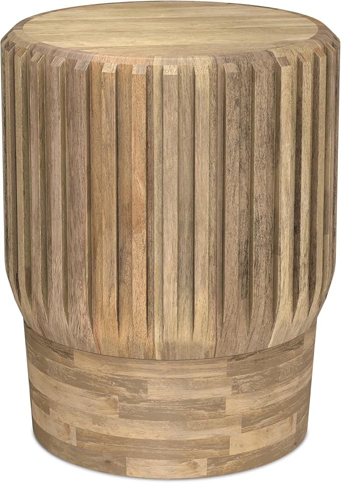SIMPLIHOME Lyall End Table - 16 inch Wide Solid Mango Wood Round Accent Table with Fluted Sides in Natural, Contemporary Nightstand or Lamp Stand for Living Room or Bedroom, Assembled