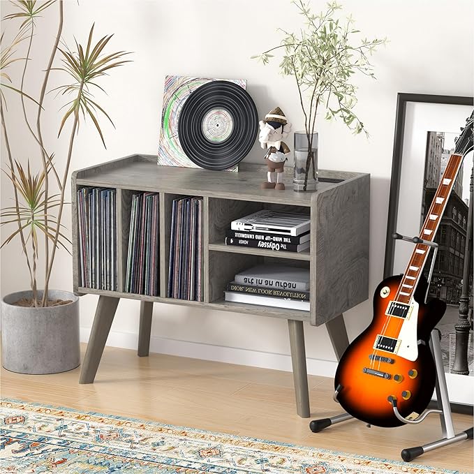 Forevich Record Player Stand Table with Vinyl Storage Holder Large Turntable Record Stand with Power Outlet Holds Up to 220 Albums Display Shelf Cabinet with Wood Legs for Living Room Oak