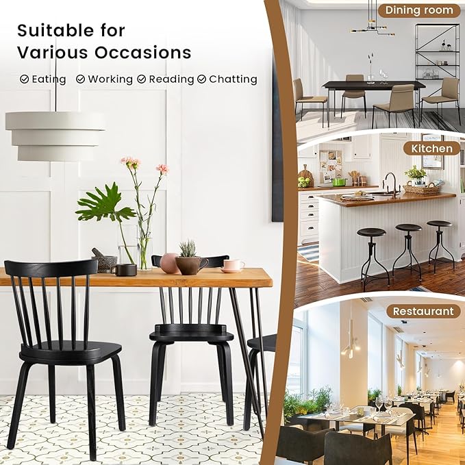 Unovivy Wood Dining Chairs Set of 6, Windsor Farmhouse Spindle Back, Widen Seat, Modern Mid-Century Country Style, for Living Room Restaurant, Black