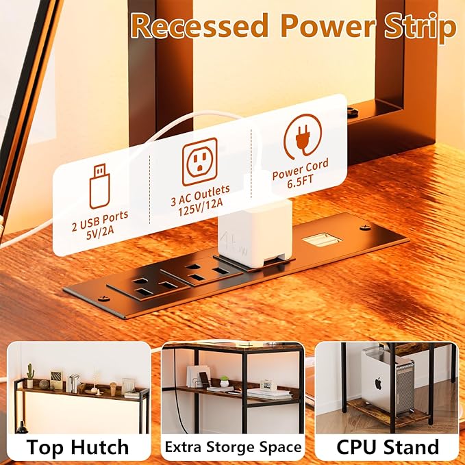 L Shaped Computer Desk with Hutch and Storage Shelves, Gaming Desk with LED Lights, Reversible L-Shaped Desk with Power Outlets, Home Office Desk, Corner Desk, Rustic Brown