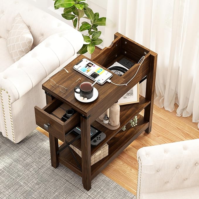 Narrow End Table with Charging Station - Farmhouse Slim Side Table Set of 2, w/USB Ports Power Outlets, Nightstand w/Flip Top Storage Drawer, for Small Spaces Living Room Bedroom, Walnut