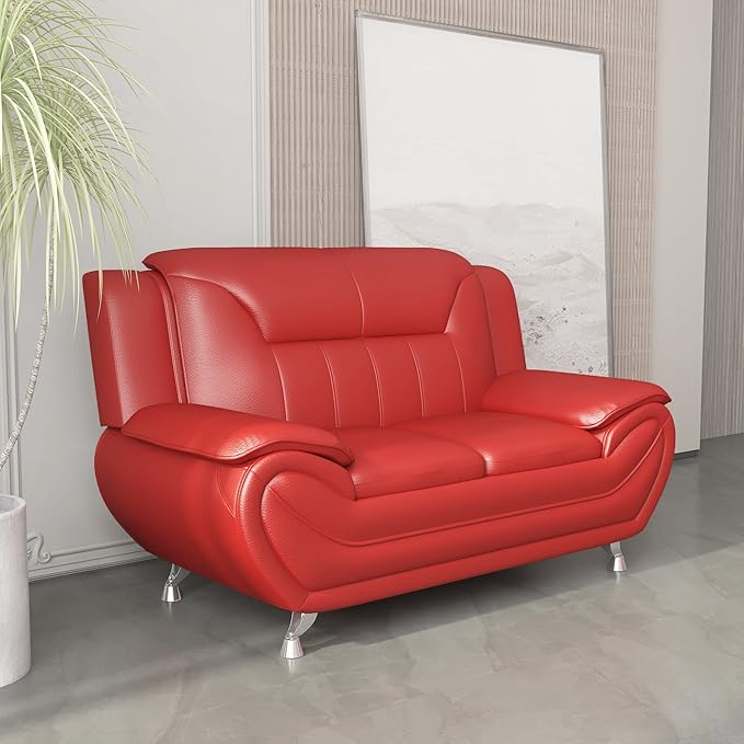 Container Furniture Direct Michael Modern Faux Leather Upholstered Stainless Steel Legs Living Room Loveseat, Persian Red