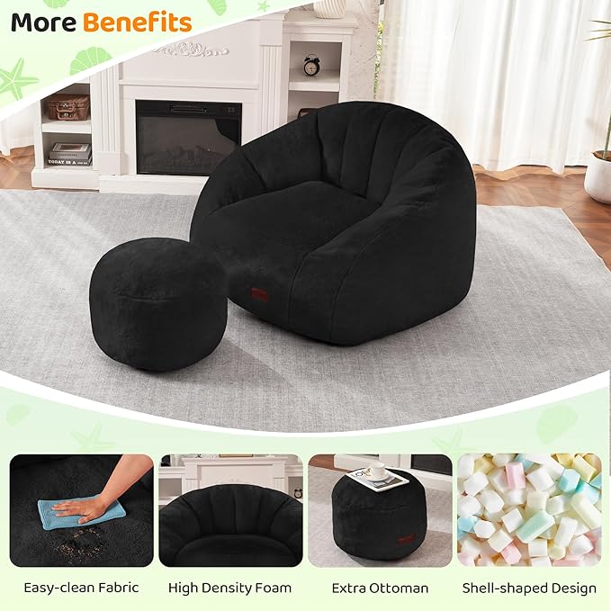 HABUTWAY Bean Bag Chair, Giant Bean Bag Chairs for Adults with Ottoman, Comfy Faux Fur Shell-Shaped Bean Bag Couch, Sofa Chair for Living Room, Bedroom, Black