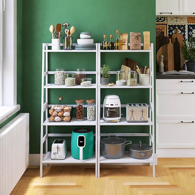 HITNET White Ladder Bookshelf, Leaning Bookcase, 4-Tier Bamboo Shelf, Floor Standing Storage Shelving Unit, Open Display Book Shelves