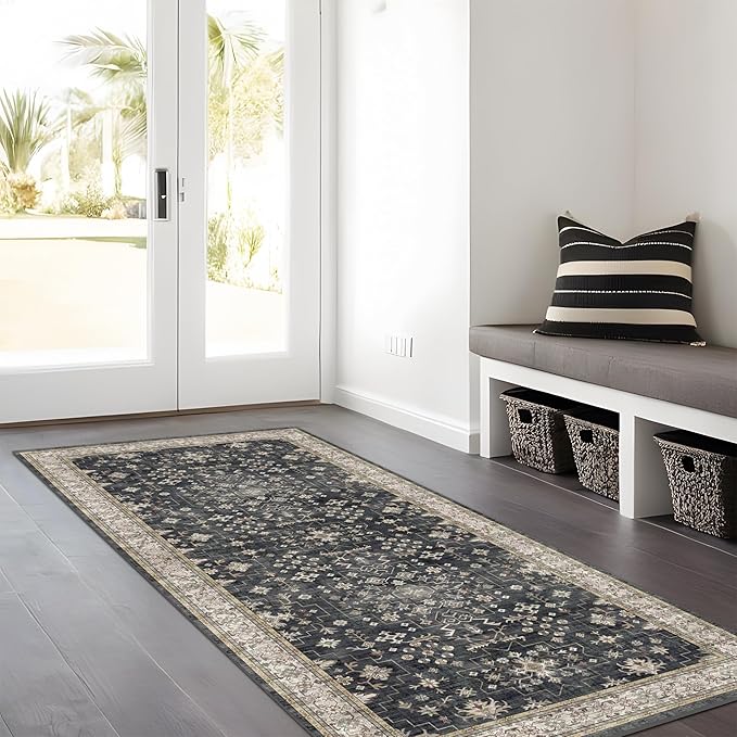 Black Boho Washable 3x6 Large Kitchen Runner Rug, Indoor Entryway Home Office Floor Rug, Non-Slip Stain & Fade Resistant, Vintage Floral Decor