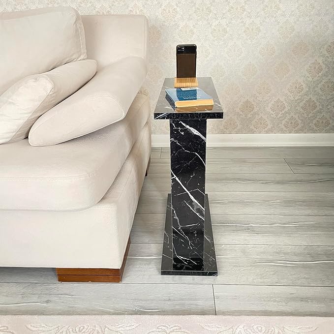 Very Narrow Side Table for Living Room, Small Apartment Space Between Chairs Skinny Table for Recliner, Couch, Armchair, Thin Slim End Table for Living Room, Bedroom, Beverages (Black Marble)