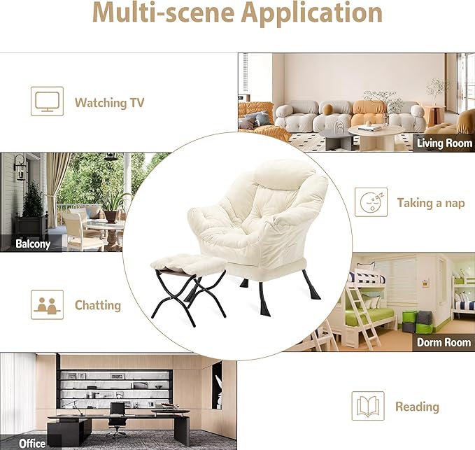 Lazy Chair with Folding Ottoman, Accent Chair Plush Upholstered with Metal Structure and Non-Slip Pads, Sofa Armchair with Footrest and Side Storage Bag for Dorm, Room, Office, Beige