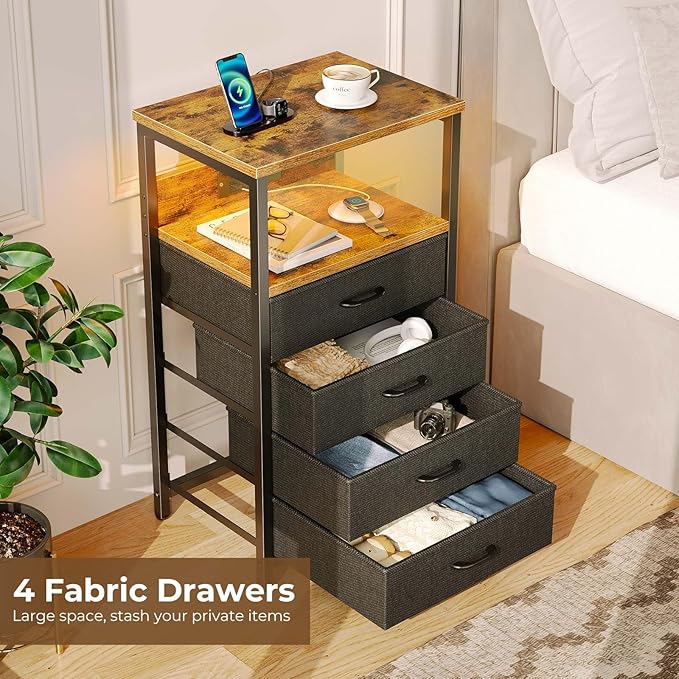 Seventable Night Stand with Charging Station, Tall Nightstand with 4 Fabric Storage Drawers, Side Table with LED Light for Bedroom, Entryway, Rustic Brown, Set of 2
