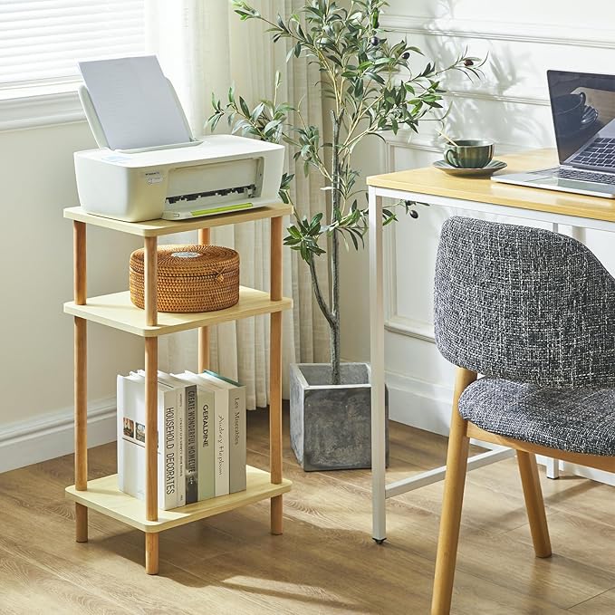 IBUYKE 3-Tier Side Table, Solid Wood Tall End Table with Storage Shelves, Nightstand Bedside Table for Living Room Bedroom Office, No-Tool Assembly, Light Natural UWST003S
