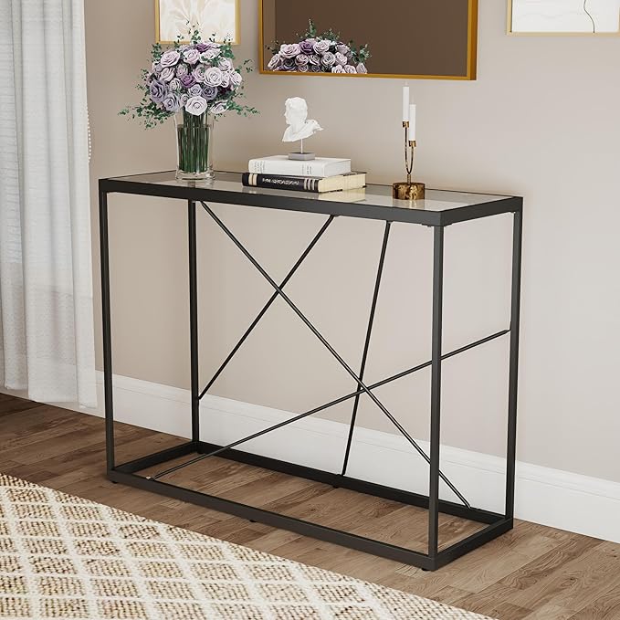 OIOG Glass Console Table for Entryway, Modern Sofa Table with Temperes Glass Tabletop and Black Frame, Black Entryway Table for Living Room, Foyer, Dining Room, Hallway, Office