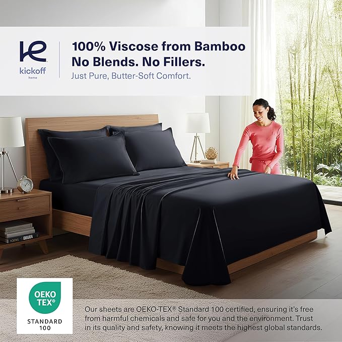 Kickoff Viscose Bamboo Sheets Twin Size 3-pc 100% Organic Bamboo Viscose Bed Cooling Sheets Twin Size Set Cool Bedding for hot Sleepers Sheet, Flat, Fitted, Pillowcase (Onyx Black, T)