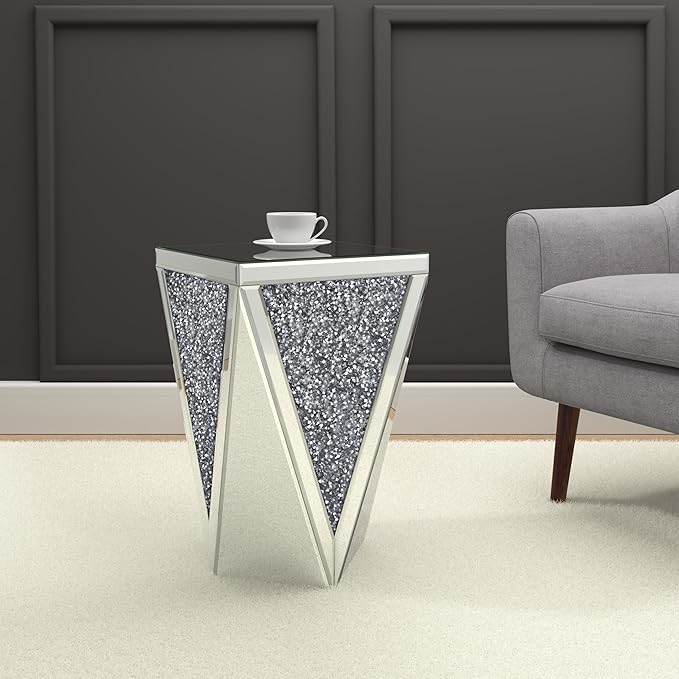 ENENE 19.7" Mirrored End Table Crystal Diamond Setting Coffee Table Silver Glass Side Table Pedestal Stand for Hallway, Living Room, Corner, Bedroom, Sofa