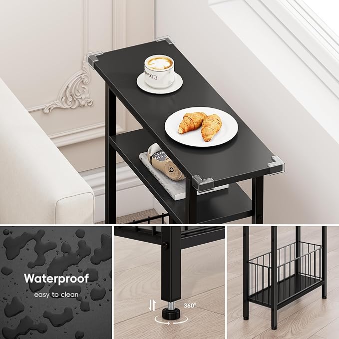 Vagusicc Narrow Side Table, 3-Tier Skinny End Table for Couch, Small side Tables for Small Spaces, Bed Side Table with Storage, 25.2" Tall Slim Nightstand Bedside table for Living Room, Bedroom, Black
