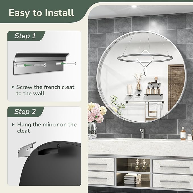 TokeShimi 40 Inch Round Silver Bathroom Vanity Mirror for Wall with Non-Rusting Aluminum Alloy Brushed Matte Metal Frame for Modern Minimalist Farmhouse Home Decor