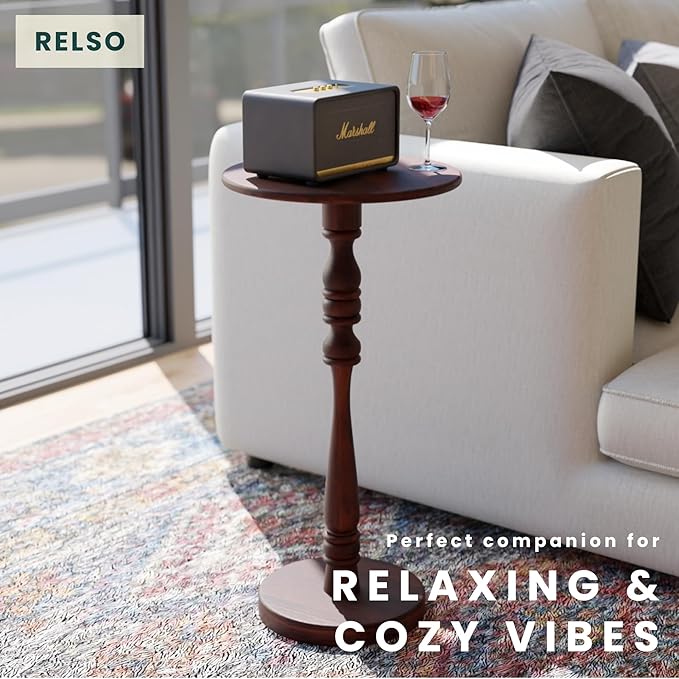 Relso Stambha Solid Wood Drink Table – 24" Tall Round Accent Side Table for Living Room or Bedroom, Narrow End Table or Indoor Plant Stand, Walnut Finish, Handcrafted Mango Wood Furniture