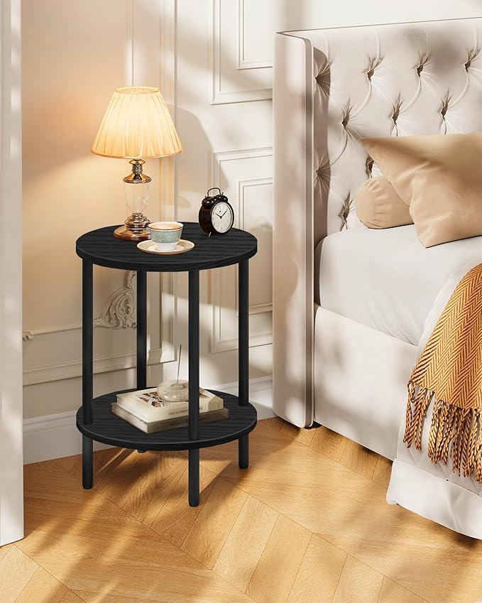 Round Side Table, 2-Tier End Table, Small Side Table with Metal Tube, Industrial Coffee Table, for Living Room, Bedroom, Black TBZ11BB