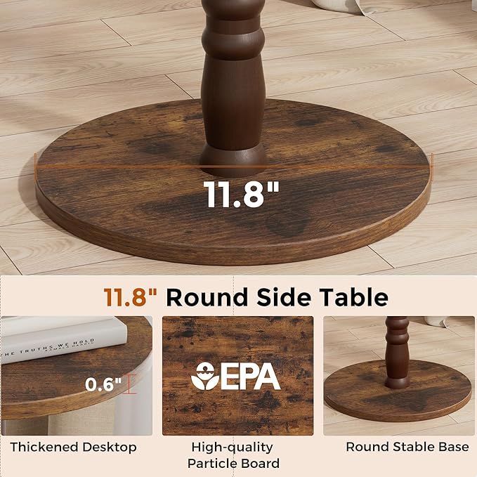 Round Side Table, Solid Wood Pillar with Wood Top & Base, Small Drink Accent Table for Living Room, Bedroom, Sofa & Office, Easy Assembly, Rustic Brown