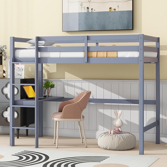 HomSof Full Loft Bed with Desk and Shelves,Gray