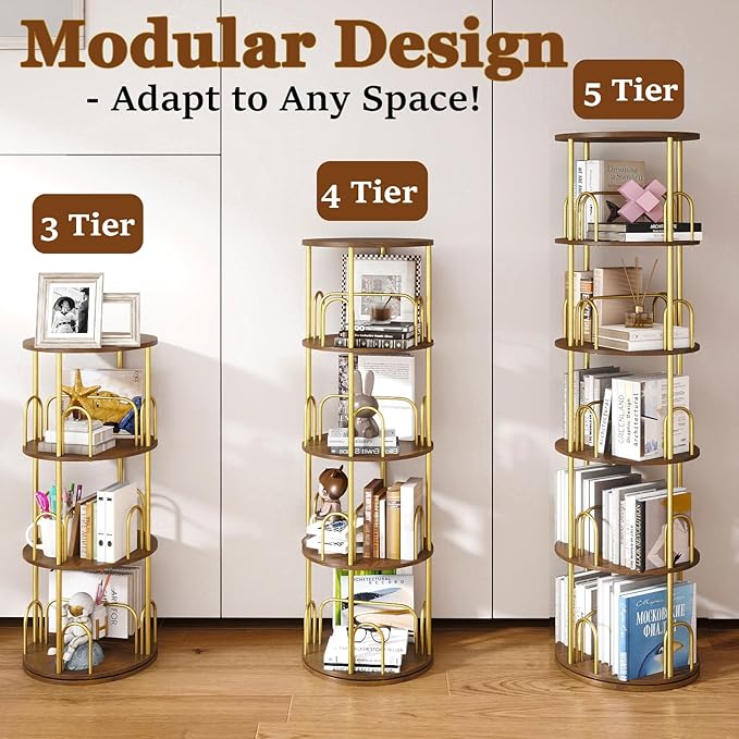 5-Tier Rotating Bookshelf, 360° Round Spinning Book Shelf Tower, Tall Skinny Wood & Metal Bookshelf for Corner/Office/Home, Modern Industrial Vintage Style