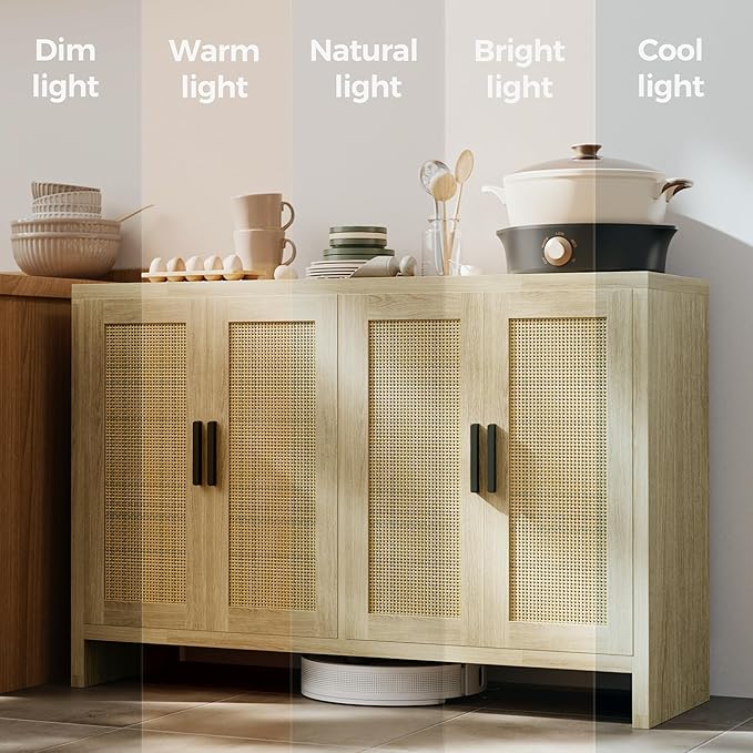 Rattan Buffet Cabinet with Storage, Sideboard with Doors, TV Stand, Farmhouse Side Board Coffee Bar, Modern Wood Storage Cabinets for Livingroom, Kitchen and Dining Room (Oak)