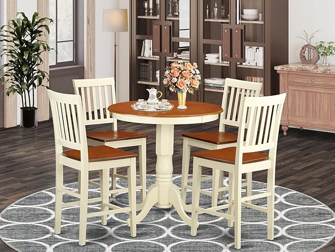 East West Furniture EDVN5-WHI-W 5 Piece Kitchen Counter Height Dining Table Set Includes a Round Wooden Table with Pedestal and 4 Dining Chairs, 30x30 Inch, Buttermilk & Cherry