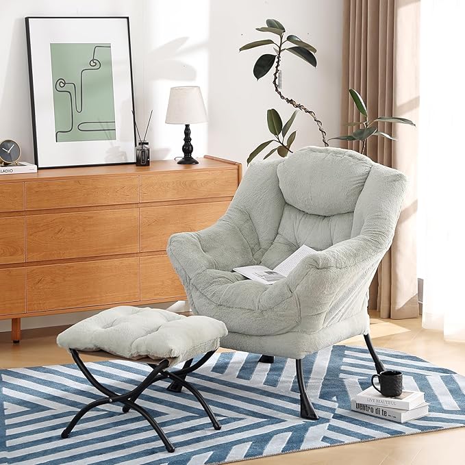 Lazy Chair with Ottoman, Modern Chair with Folding Footrest, Lounge Accent Chair, Comfortable Reading Chair (Plush Green)