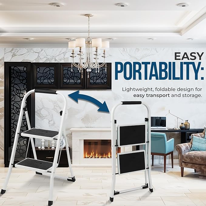 Simpli-Magic Step Ladder, 2 Step Stool Ergonomic Foldable with Wide Anti-Slip Pedal, Multi-Use for Household, Kitchen and Office (300 LBS Capacity)
