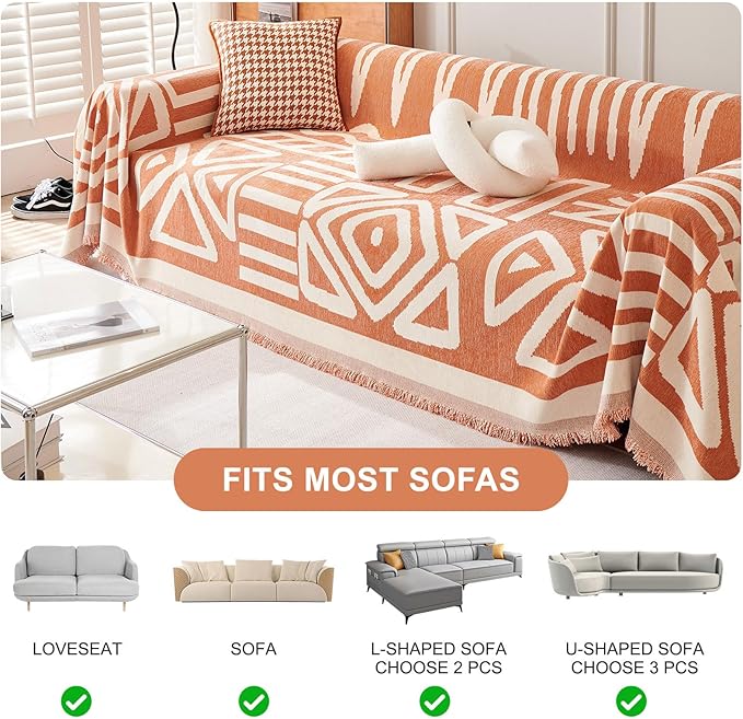 STACYPIK Soft Thick Boho Orange Loveseat Sofa Covers Modern Geometric Couch Cover for 1 Cushion Couch Reversible Pet-Friendly Protector Covers with Tassels Washable Caramel Sofa Throw Covers-71X71IN