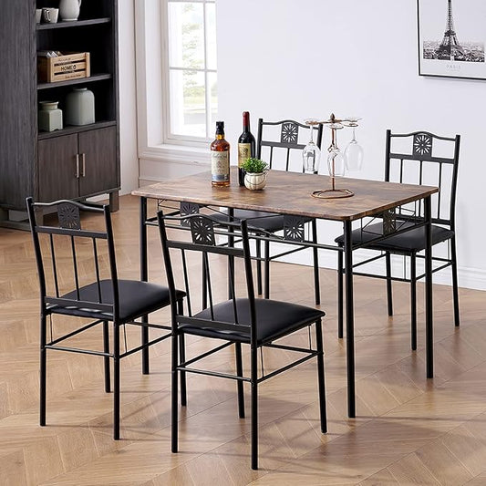 VECELO Kitchen Dining Room Table Sets for 4, 5 Piece Metal and Wood Rectangular Breakfast Nook, Dinette with Chairs, Retro-Brown