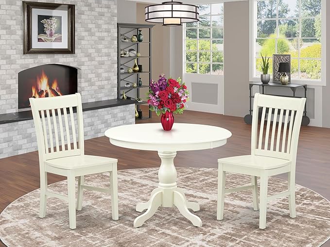 East West Furniture HBNF3-LWH-W 3 Piece Dining Room Furniture Set Contains a Round Kitchen Table with Pedestal and 2 Dining Chairs, 42x42 Inch, Linen White