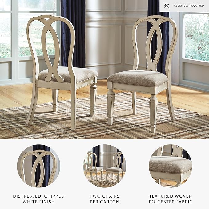 Signature Design by Ashley Realyn French Country Ribbon Back Dining Chair, 2 Count, Chipped White