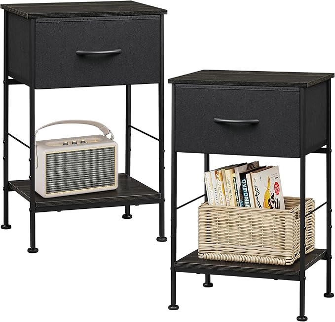 WLIVE Night Stand Set 2, Black Nightstand with Fabric Storage Drawer and Open Wood Shelf, Nightstand Set of 2 with Steel Frame, Side Table for Bedroom, Dorm, Charcoal Black, 25.03" Height