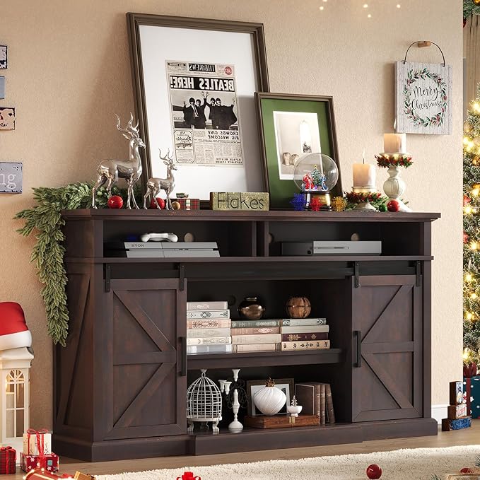 66" Farmhouse TV Stand for 75 Inch TVs, 40" Tall Entertainment Center with Sliding Barn Doors, Rustic Media Console Table Storage Cabinet with Adjustable Shelves, Living Room, Sawdust Brown