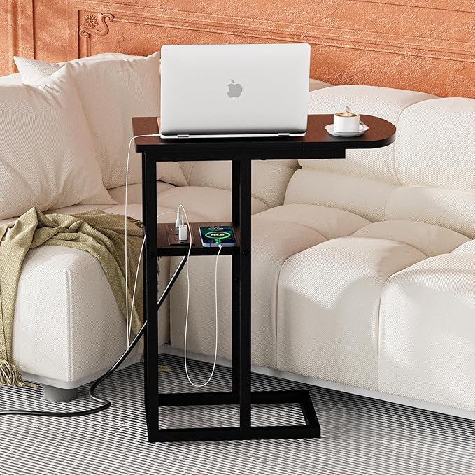 C Table End Table with Charging Station, Couch C Shaped Side Table for Living Room, Bedroom, Laptop Table with USB Ports and Type-C Port, Snack Tray Table for Couch, Black