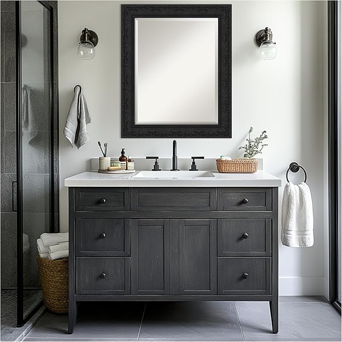 Amanti Art Black Bathroom Mirror for Over Sink, 29x35 Luxe Black Rectangle Vanity Mirror, Large Traditional Frame, Hangs Horizonally and Vertically, Bathroom Wall Decor, Beveled Edge