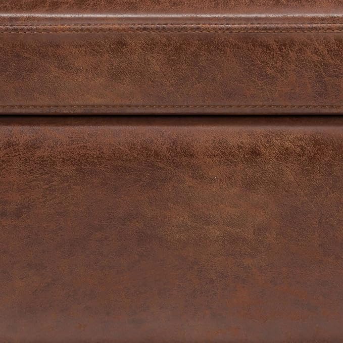 SIMPLIHOME Owen 42 inch Wide Mid Century Modern Rectangle Lift Top Large Coffee Table Storage Ottoman in Distressed Saddle Brown Vegan Faux Leather, Assembled, for the Living Room and Entryway