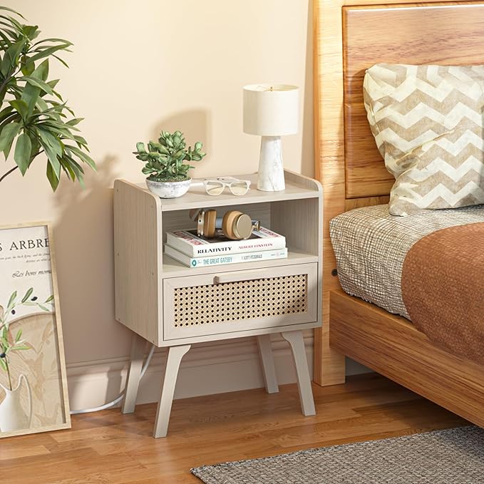 Lerliuo Rattan Nightstand with Charging Station, Side Table with Drawer Open Shelf, Cane Accent Bedside End Table with Solid Wood Legs, Night Stand for Bedroom, Dorm and Small Spaces (Grey White)
