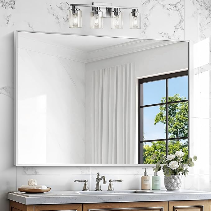 BONEWEI Silver Bathroom Mirror,36x48 inch Wall Mirror for Bathroom Wall Mounted,Large Rectangle Mirror for Bathroom Over Sink,Modern Metal Frame for Living Room,Bedroom Entryway,Horizontal/Vertical