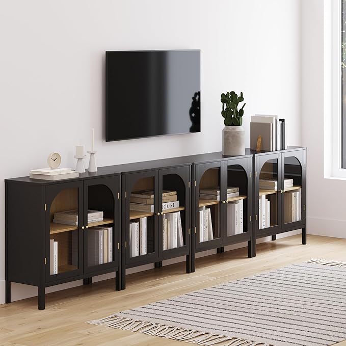 Nathan James Mason Storage Cabinet Accent Sideboard Buffet Credenza TV Stand with Glass Doors and Adjustable Shelf in Black Wood for Dining Room, Entryway and Living Room, Clear Glass/Black, Set of 4