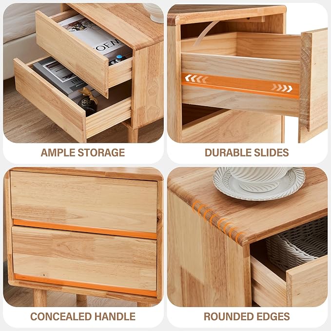 CozyDH Natural Wood Nightstand with Drawers, Solid Wood Nightstand End Table, 19" Bedside Table for Bedroom, Sofa Side Table with Wooden Legs Living Room