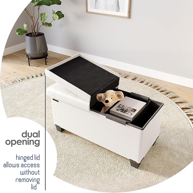 STORAGEBUD Storage Ottoman Bench with Bins, 30-in Storage Bench for Bedroom End of Bed, Folding Foot Rest Ottoman for Living Room Max 660lbs, Faux Leather Ottomans, Cream