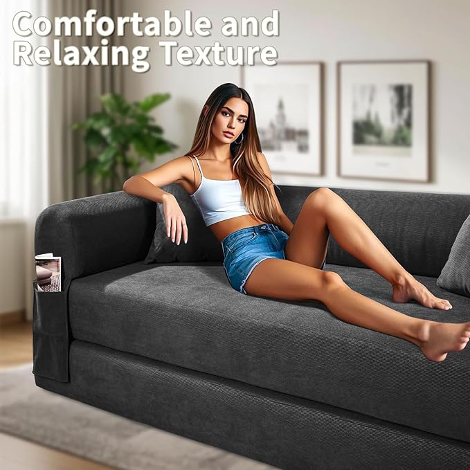 80" Convertible Sofa Bed, Corduroy Deep Seat Folding Pull Out Couch with Pillows, No Assembly Modern Boneless Couch Compression Sofa in Box, Floor Sofa with Storage Pocket for Living Room,Dark Grey