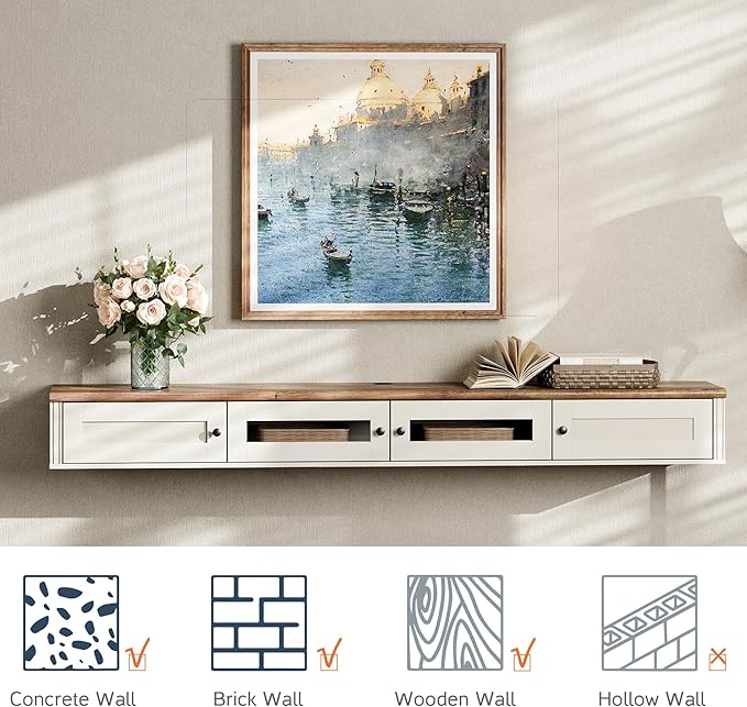 WAMPAT Floating TV Stand for TVs up to 80 Inches, Wooden Wall-Mounted TV Shelf with Charging Station, Modern Floating Entertainment Center for Living Room Decor, White