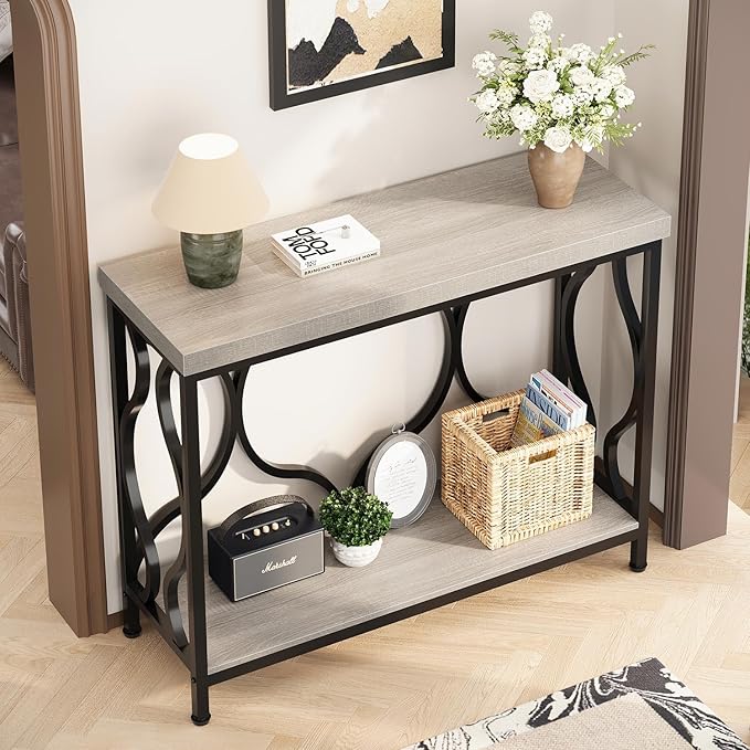 IBF Entryway Table with Storage, Modern Wood Metal Console Sofa Table Behind Couch Tables, Industrial Narrow Hallway Table for Small Living Room Home Office Foyer Entry Way Entrance, Grey, 39.4 Inch